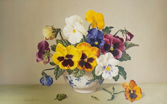 James Noble (1919-1985), oil on board, ‘Pansies in a Worcester bowl’, signed, with accompanying paperwork, 25 x 39cm. Condition - good